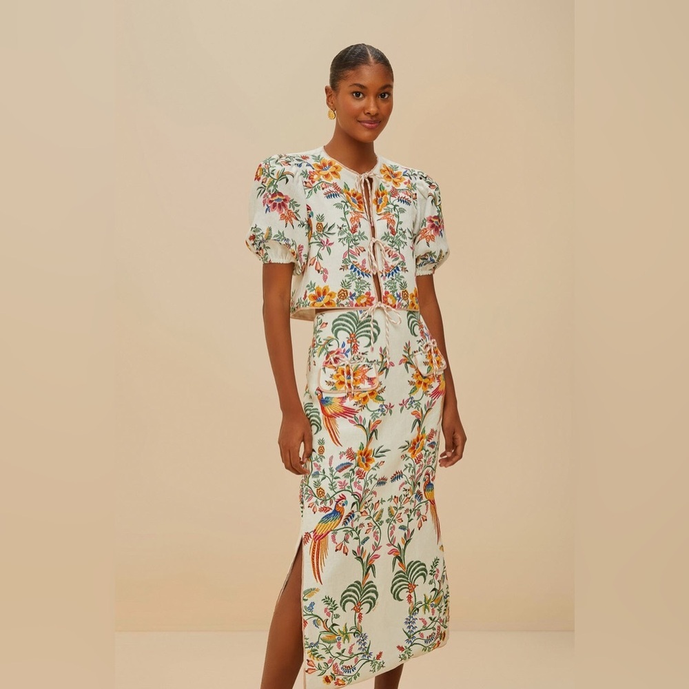 Farm Rio: Off-White Delicate Forest Euroflax™
Premium Linen Midi Skirt